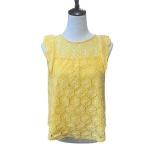 Monteau Yellow Flutter Sleeve Lined Lace Blouse (M) EUC